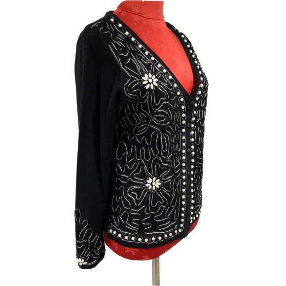 Black cardigan sweater lace applique pearl beadwork embellishment dressy size M - Picture 2 of 10